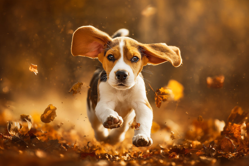 Premium Textil-Leinwand Beagle im Herbstlaub ist Lebensfreude pur