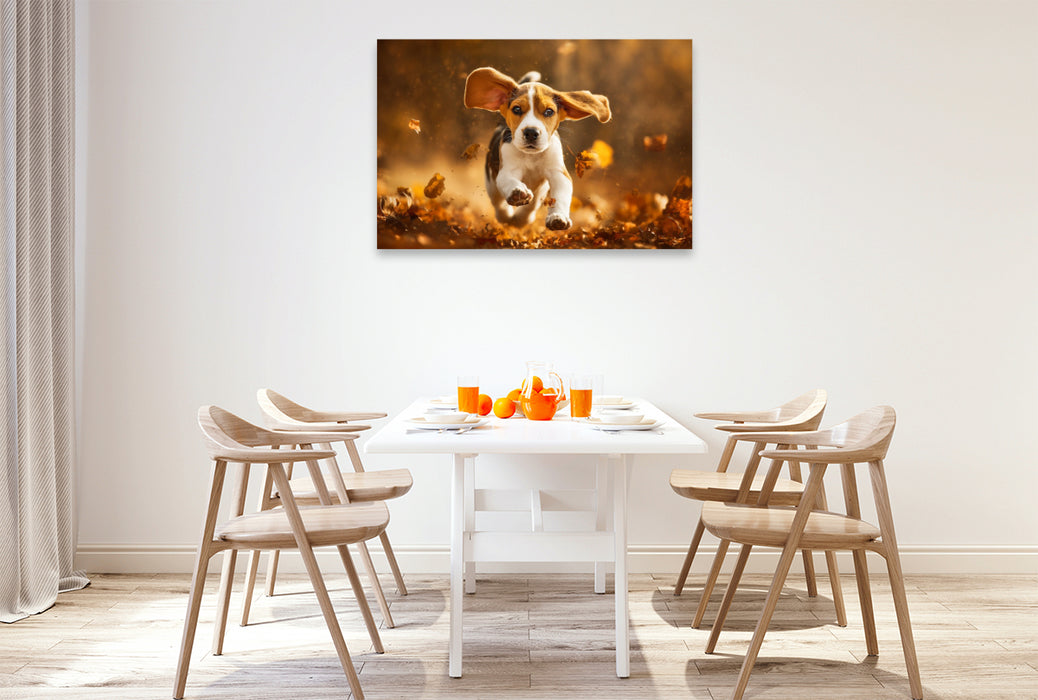 Premium Textil-Leinwand Beagle im Herbstlaub ist Lebensfreude pur