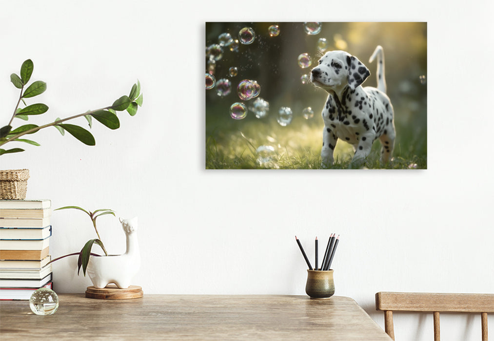Premium Textil-Leinwand Dalmatinerträume, denn Spielen macht das Leben bunt
