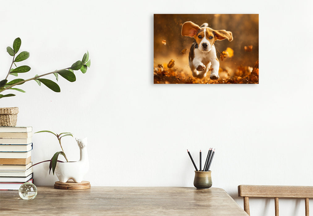 Premium Textil-Leinwand Beagle im Herbstlaub ist Lebensfreude pur