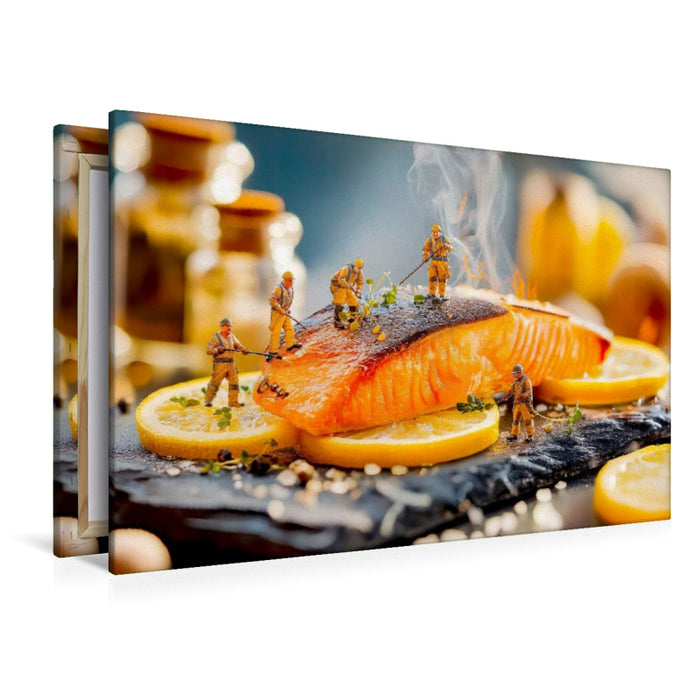 Premium Textil-Leinwand Miniatur Bauarbeiterin dekoriert gegrillten Lachs mit frischen Zitronenscheiben