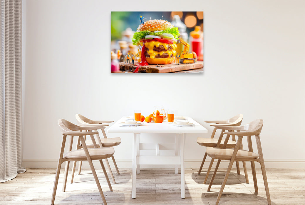 Premium Textil-Leinwand Miniatur Bauarbeiter mit Bagger servieren saftigen Burger am Grill