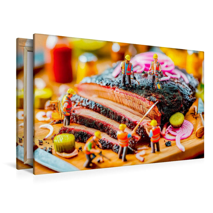 Premium Textil-Leinwand Bauarbeiter Miniaturen richten köstliches Thunfischsteak mit Zwiebelringen an