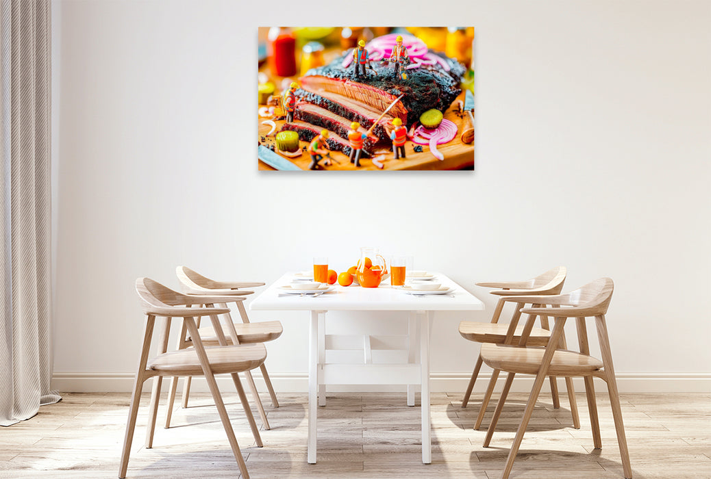 Premium Textil-Leinwand Bauarbeiter Miniaturen richten köstliches Thunfischsteak mit Zwiebelringen an