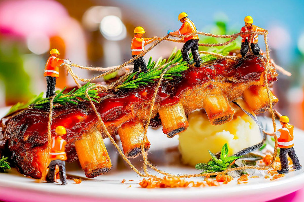 Premium Textil-Leinwand Miniatur Bauarbeiter erklimmen marinierte Rippchen mit frischem Rosmarin