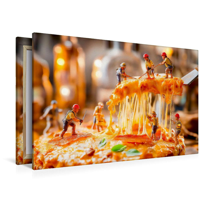 Premium Textil-Leinwand Miniatur Bauarbeiter transportieren Käsebelag von heißer Pizza ab