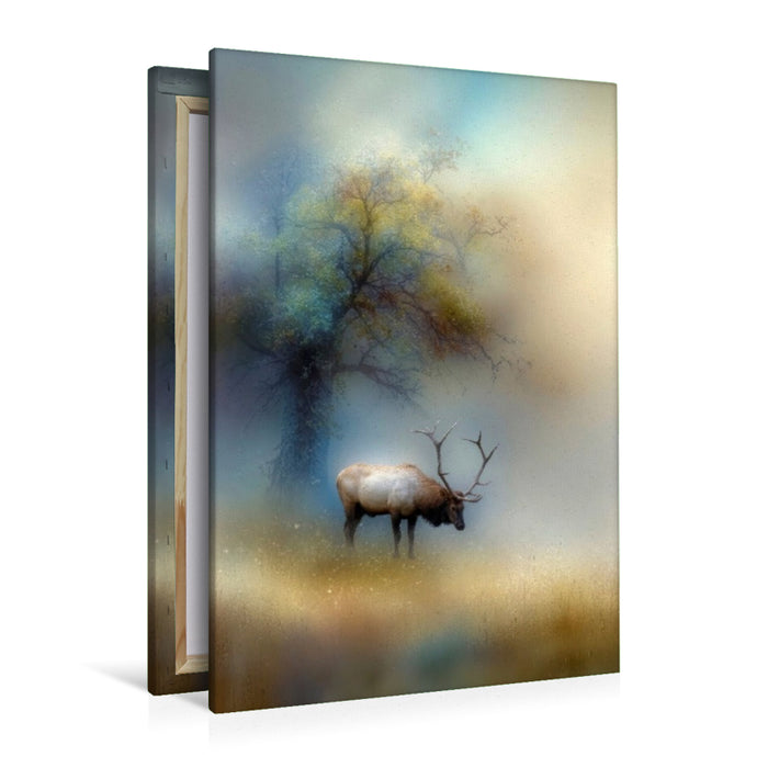 Premium Textil-Leinwand Der Hirsch - der König des Waldes verharrt leise im Nebel