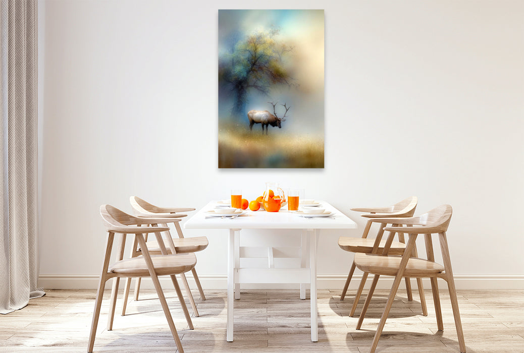 Premium Textil-Leinwand Der Hirsch - der König des Waldes verharrt leise im Nebel