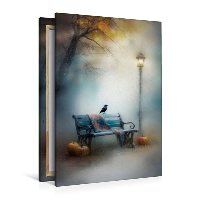 Premium Textil-Leinwand Krähe auf der Bank