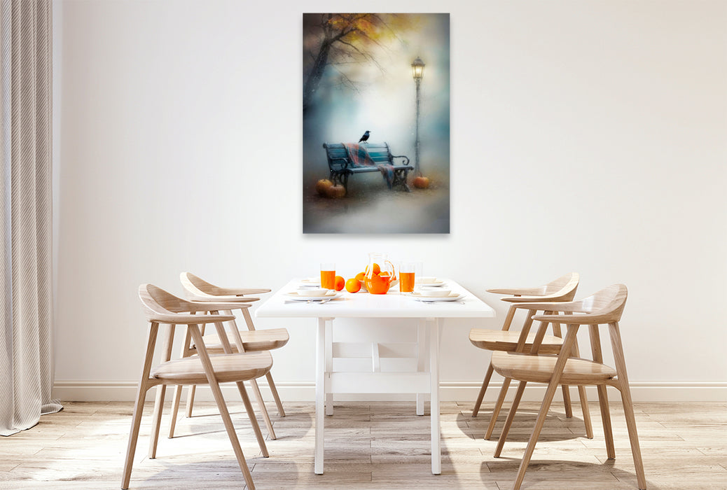 Premium Textil-Leinwand Krähe auf der Bank