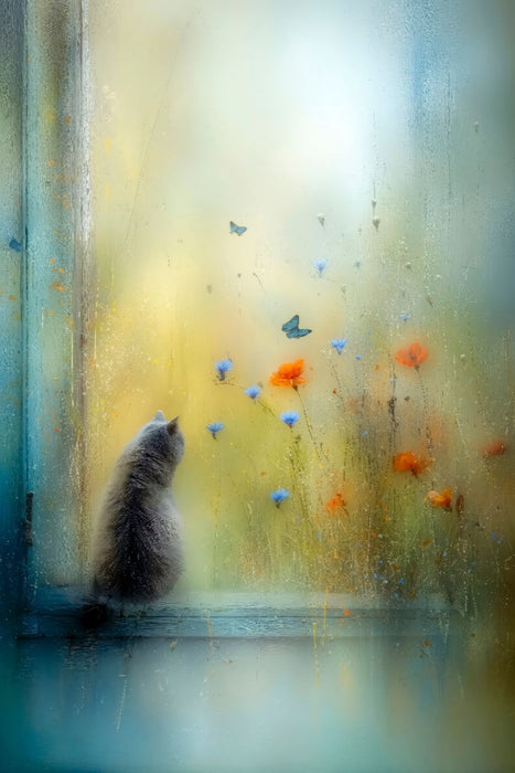 Premium Textil-Leinwand Die Katze auf der Fensterbank - kaum sichtbar, ganz da