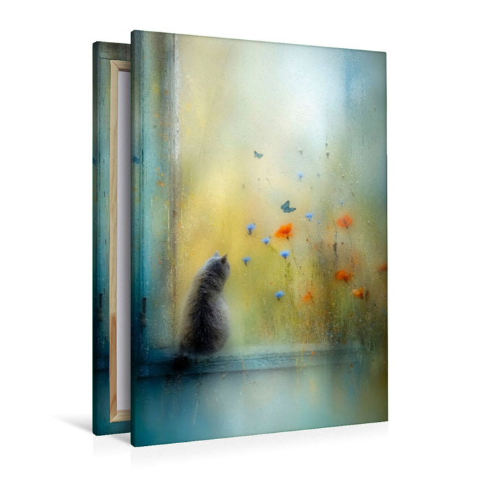 Premium Textil-Leinwand Die Katze auf der Fensterbank - kaum sichtbar, ganz da
