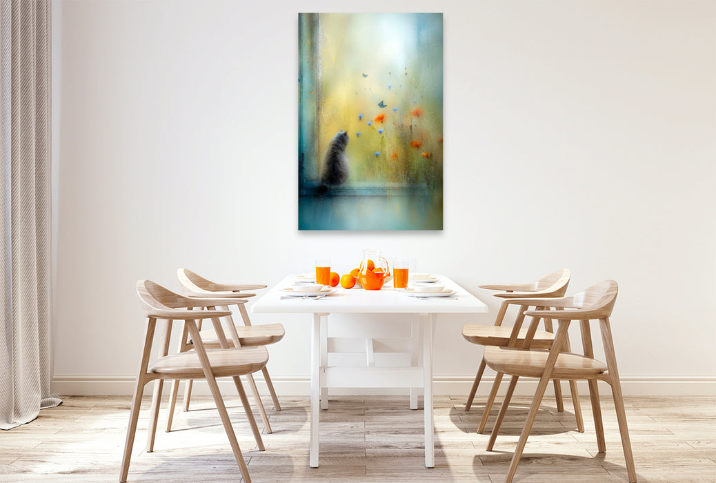 Premium Textil-Leinwand Die Katze auf der Fensterbank - kaum sichtbar, ganz da