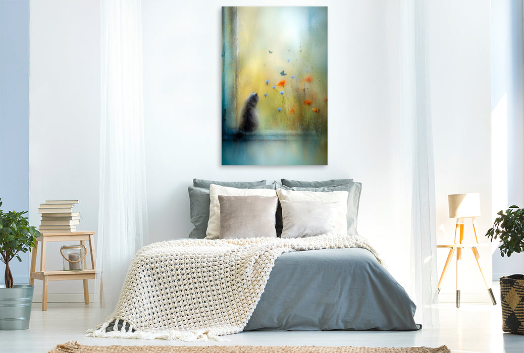 Premium Textil-Leinwand Die Katze auf der Fensterbank - kaum sichtbar, ganz da