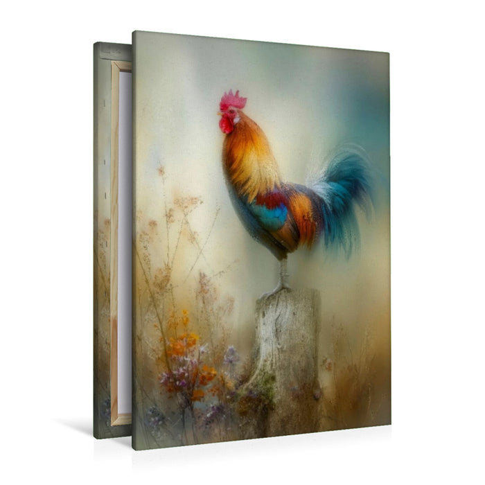 Premium Textil-Leinwand Der Hahn in prächtigen Farben - der Morgen lässt sich erahnen