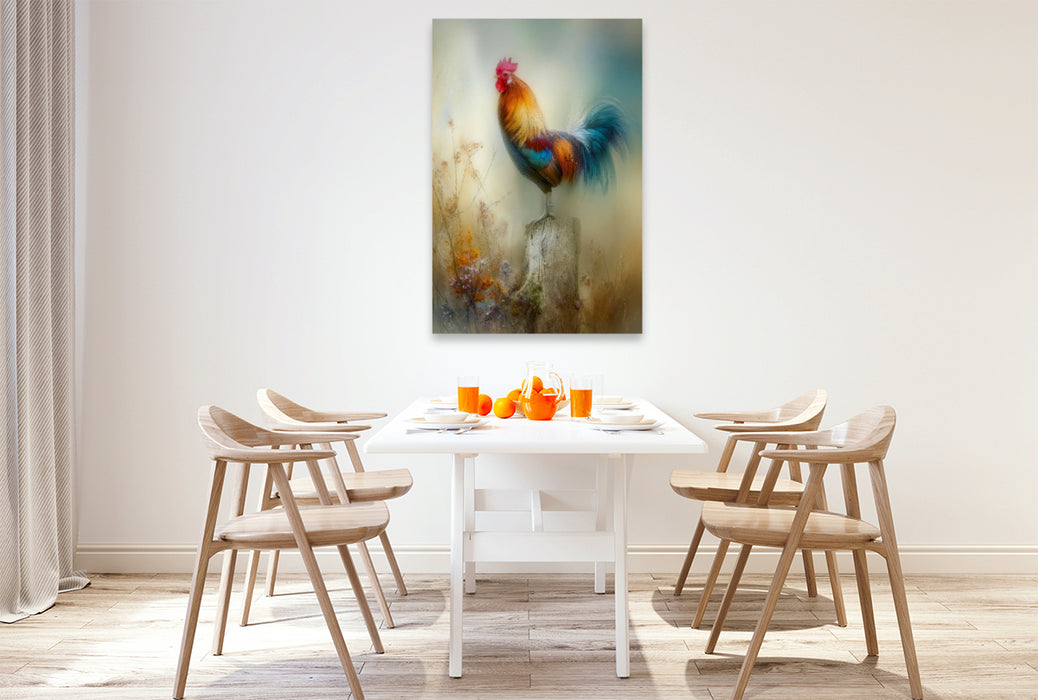 Premium Textil-Leinwand Der Hahn in prächtigen Farben - der Morgen lässt sich erahnen