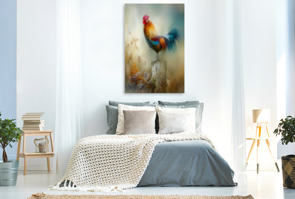 Premium Textil-Leinwand Der Hahn in prächtigen Farben - der Morgen lässt sich erahnen