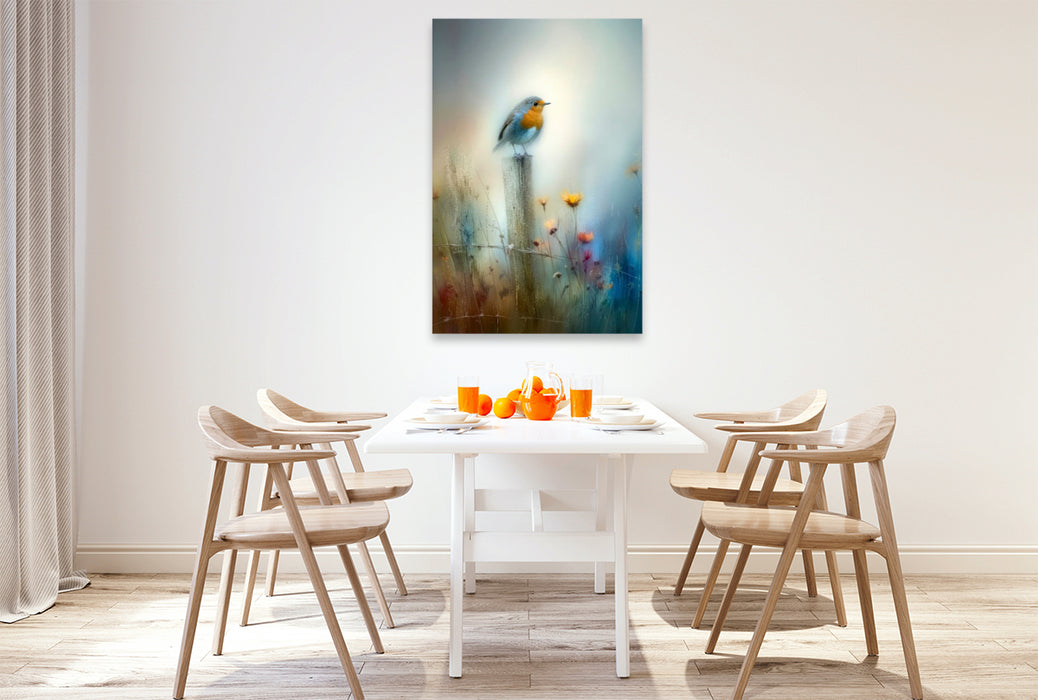 Premium Textil-Leinwand Das Rotkehlchen - als hätte der Morgen es geträumt