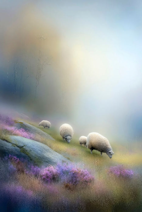 Premium Textil-Leinwand Schafe am Berghang - fast verschwunden, ganz präsent