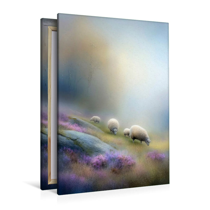 Premium Textil-Leinwand Schafe am Berghang - fast verschwunden, ganz präsent