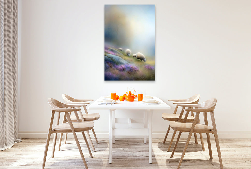 Premium Textil-Leinwand Schafe am Berghang - fast verschwunden, ganz präsent