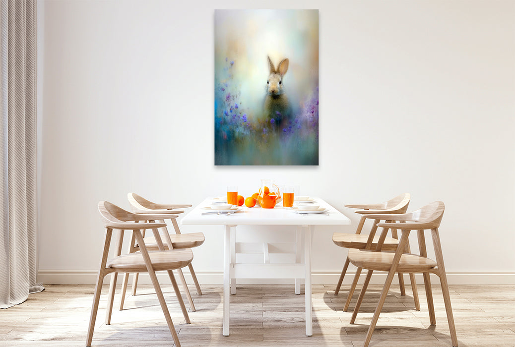 Premium Textil-Leinwand Der Hase zwischen Wildblumen - ein Flimmern zwischen Wind und Zeit
