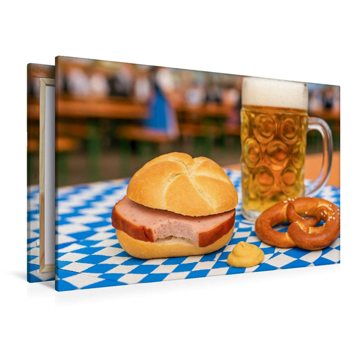 Premium Textil-Leinwand Leberkässemmel mit einer Maß Bier und Brezn