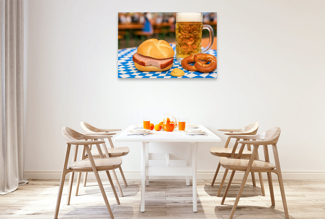 Premium Textil-Leinwand Leberkässemmel mit einer Maß Bier und Brezn