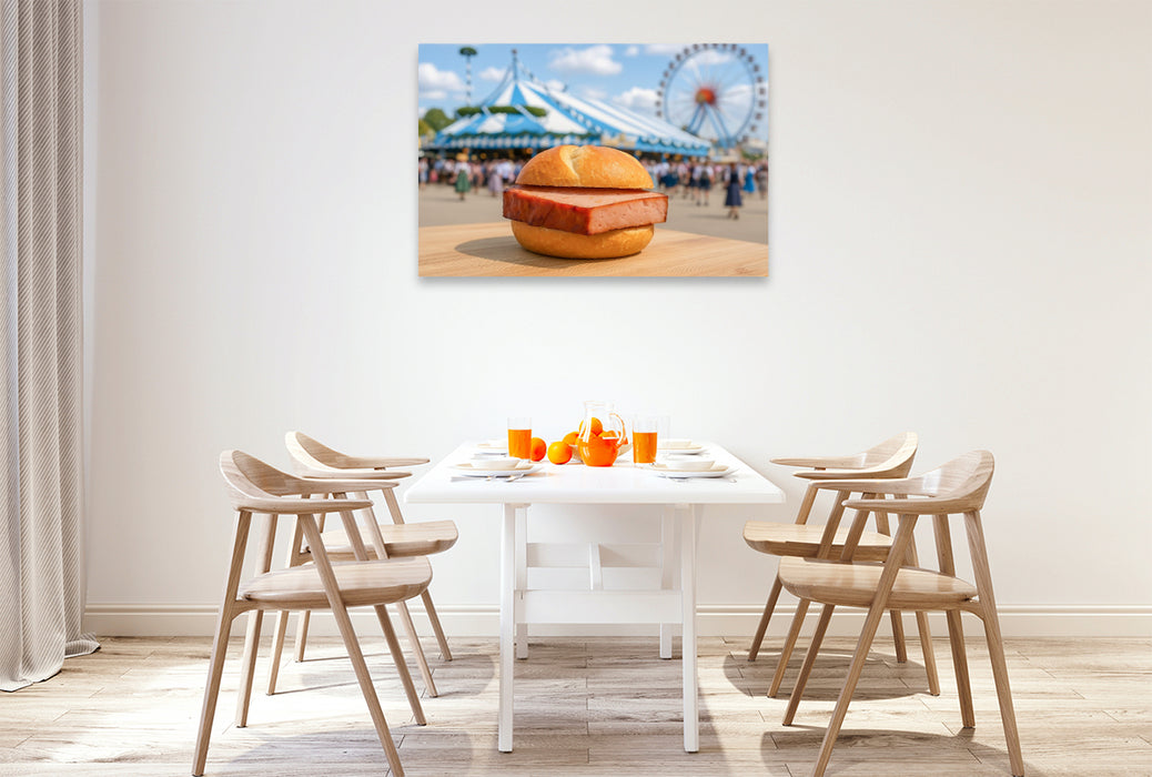 Premium Textil-Leinwand Volksfest in Bayern mit Leberkässemmel und Bier