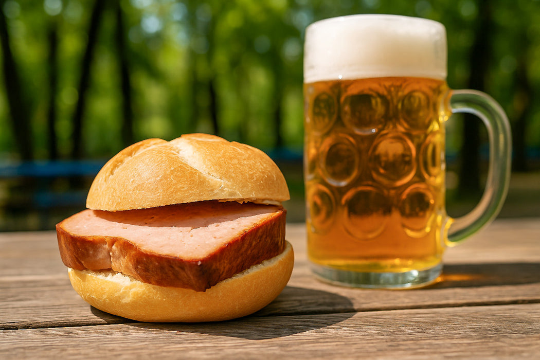 Premium Textil-Leinwand Leberkässemmel mit Leberkäse in freier Natur