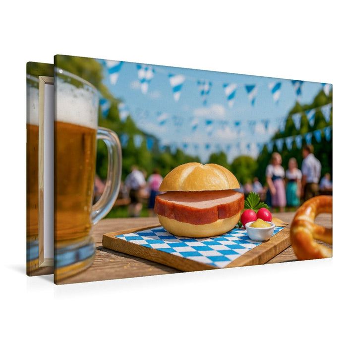 Premium Textil-Leinwand Leberkässemmel mit Brezn im Biergarten in Bayern