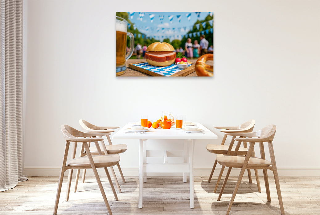Premium Textil-Leinwand Leberkässemmel mit Brezn im Biergarten in Bayern