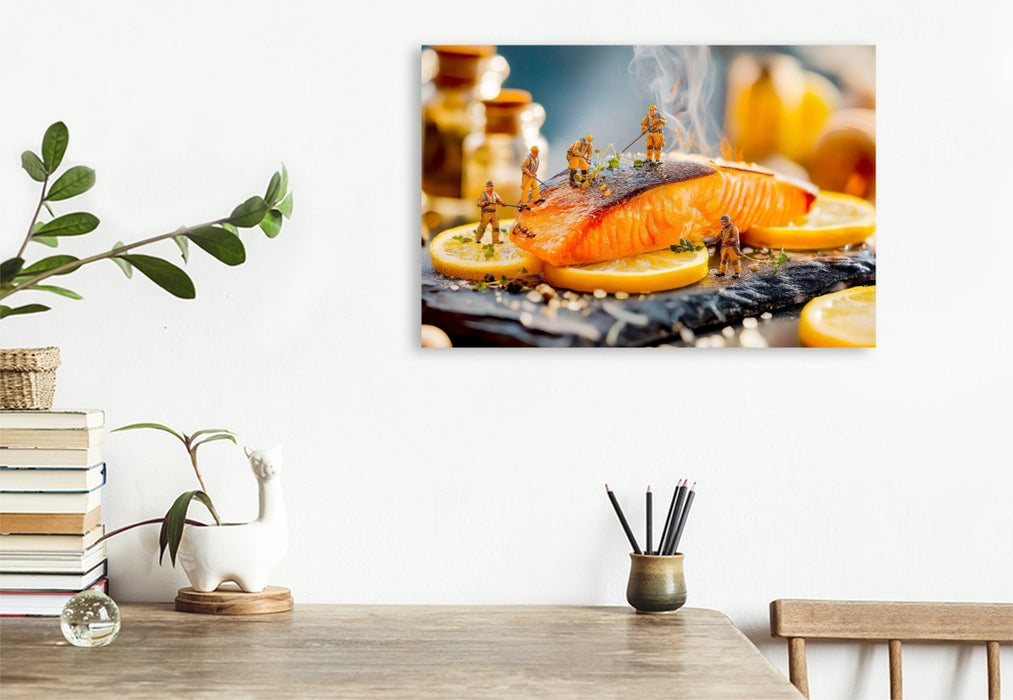 Premium Textil-Leinwand Miniatur Bauarbeiterin dekoriert gegrillten Lachs mit frischen Zitronenscheiben