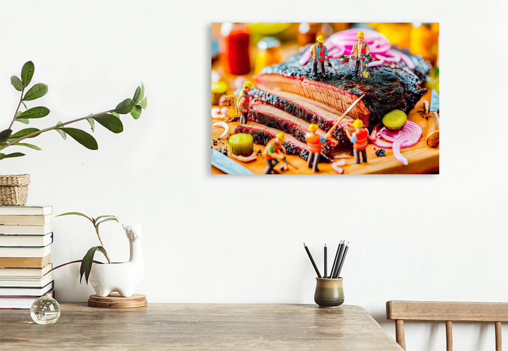 Premium Textil-Leinwand Bauarbeiter Miniaturen richten köstliches Thunfischsteak mit Zwiebelringen an