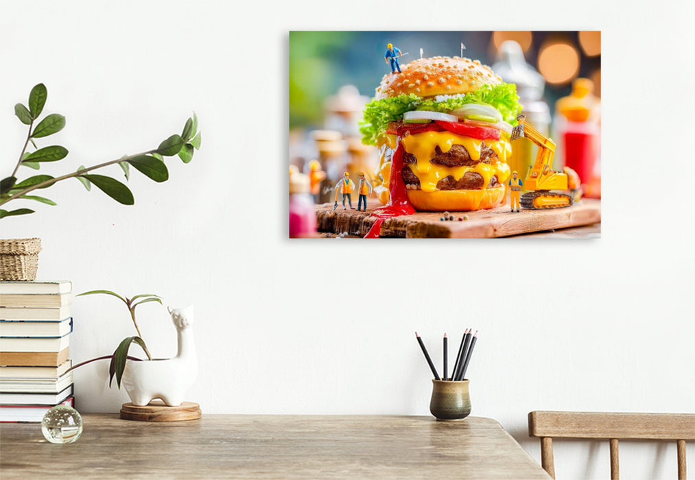 Premium Textil-Leinwand Miniatur Bauarbeiter mit Bagger servieren saftigen Burger am Grill