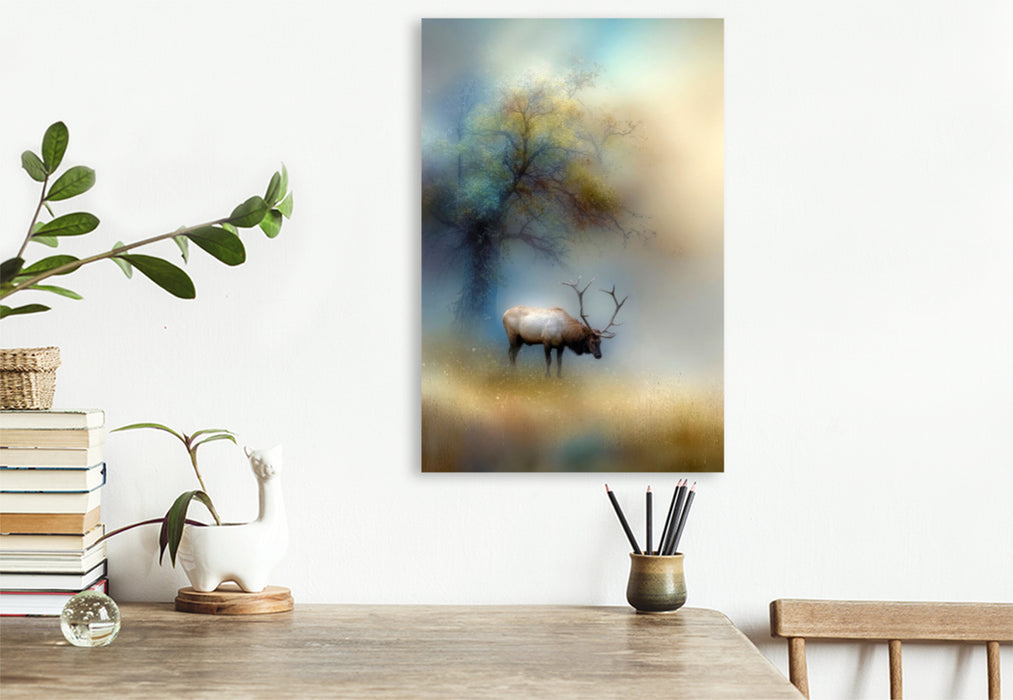 Premium Textil-Leinwand Der Hirsch - der König des Waldes verharrt leise im Nebel