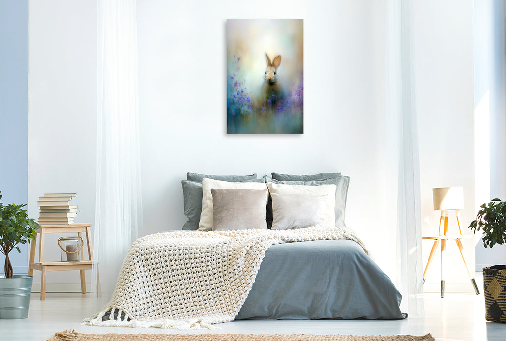 Premium Textil-Leinwand Der Hase zwischen Wildblumen - ein Flimmern zwischen Wind und Zeit