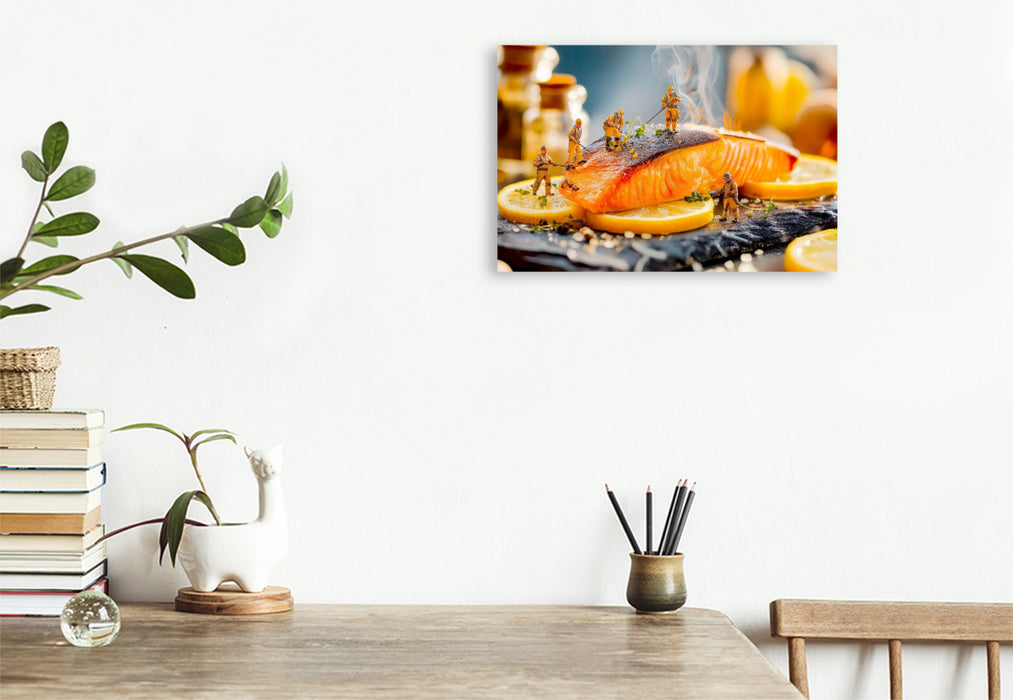 Premium Textil-Leinwand Miniatur Bauarbeiterin dekoriert gegrillten Lachs mit frischen Zitronenscheiben