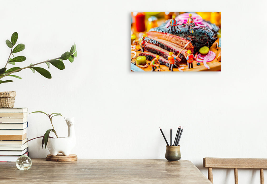 Premium Textil-Leinwand Bauarbeiter Miniaturen richten köstliches Thunfischsteak mit Zwiebelringen an