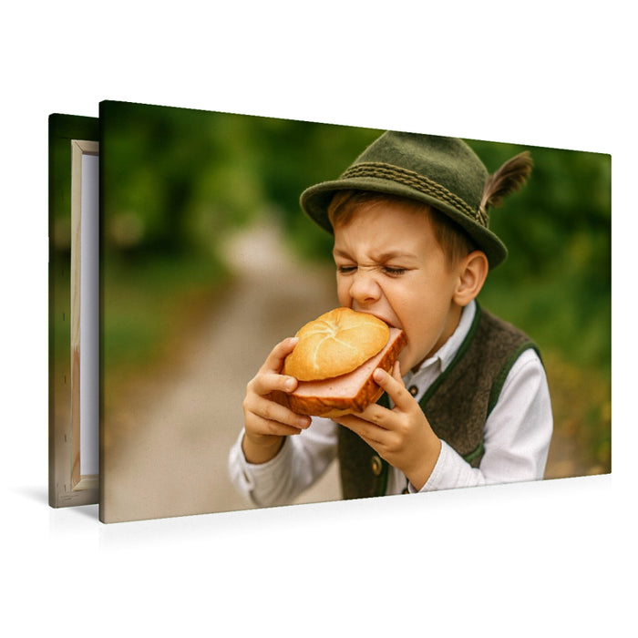 Premium Textil-Leinwand Kind in Tracht beißt in eine Leberkässemmel