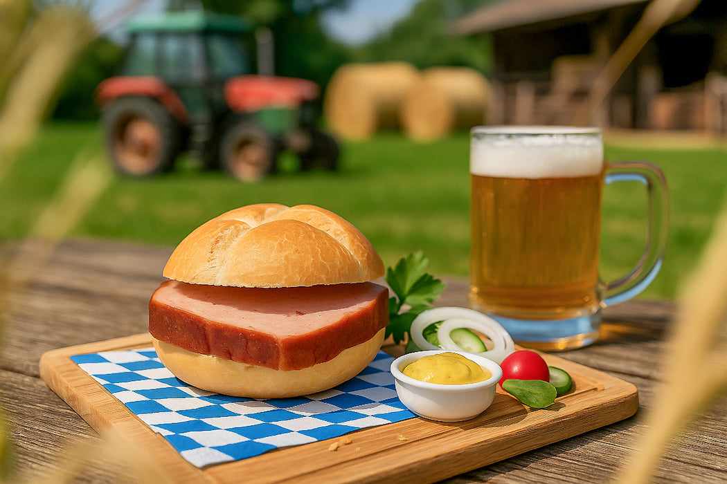 Premium Textil-Leinwand Leberkässemmel mit Bier und Senf auf bayerischem Holztisch