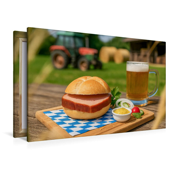 Premium Textil-Leinwand Leberkässemmel mit Bier und Senf auf bayerischem Holztisch