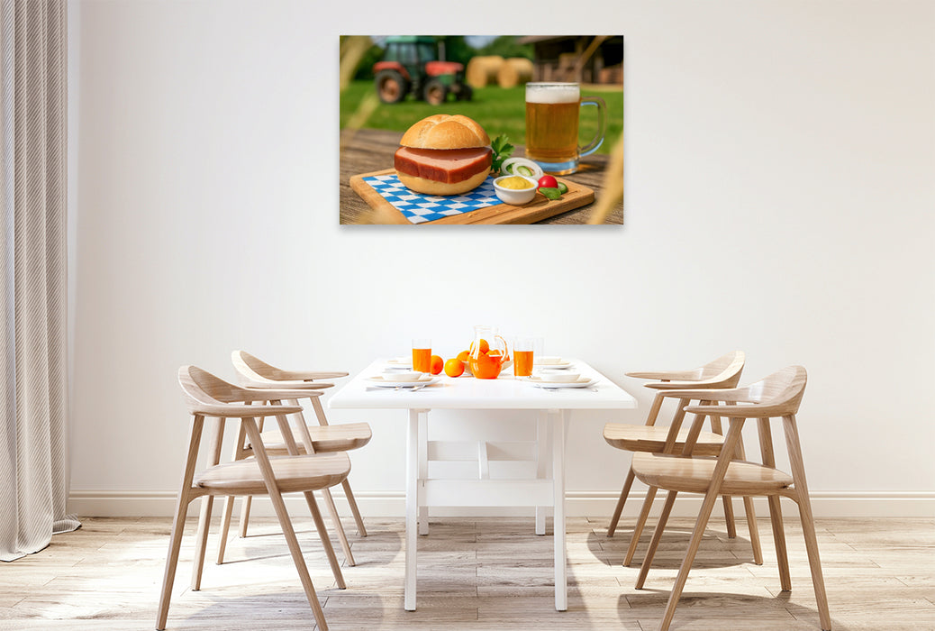 Premium Textil-Leinwand Leberkässemmel mit Bier und Senf auf bayerischem Holztisch