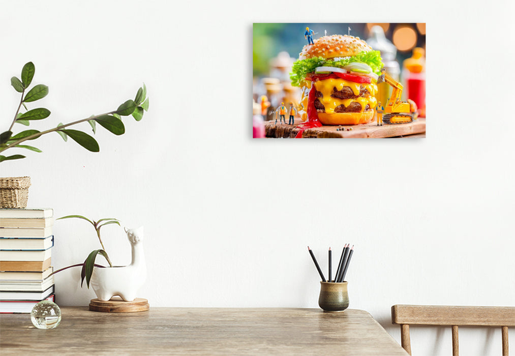 Premium Textil-Leinwand Miniatur Bauarbeiter mit Bagger servieren saftigen Burger am Grill