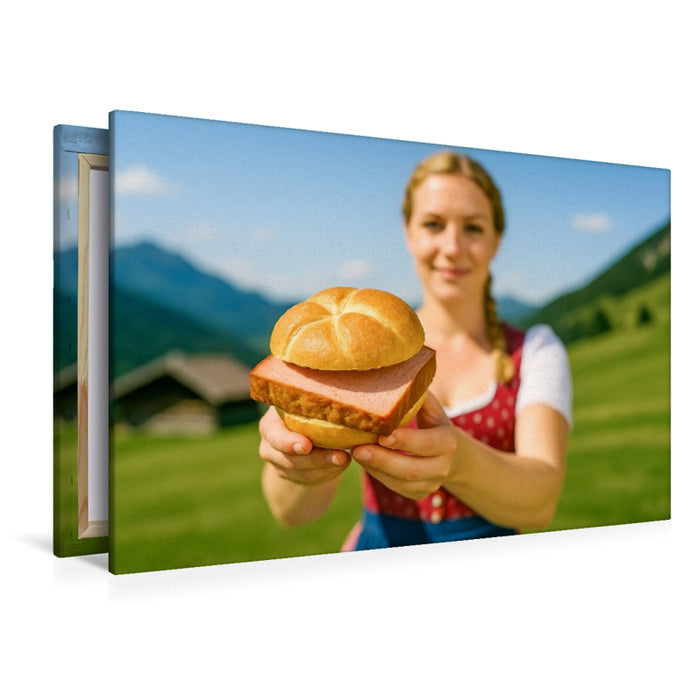 Premium Textil-Leinwand Frau im Dirndl mit frischer Leberkässemmel