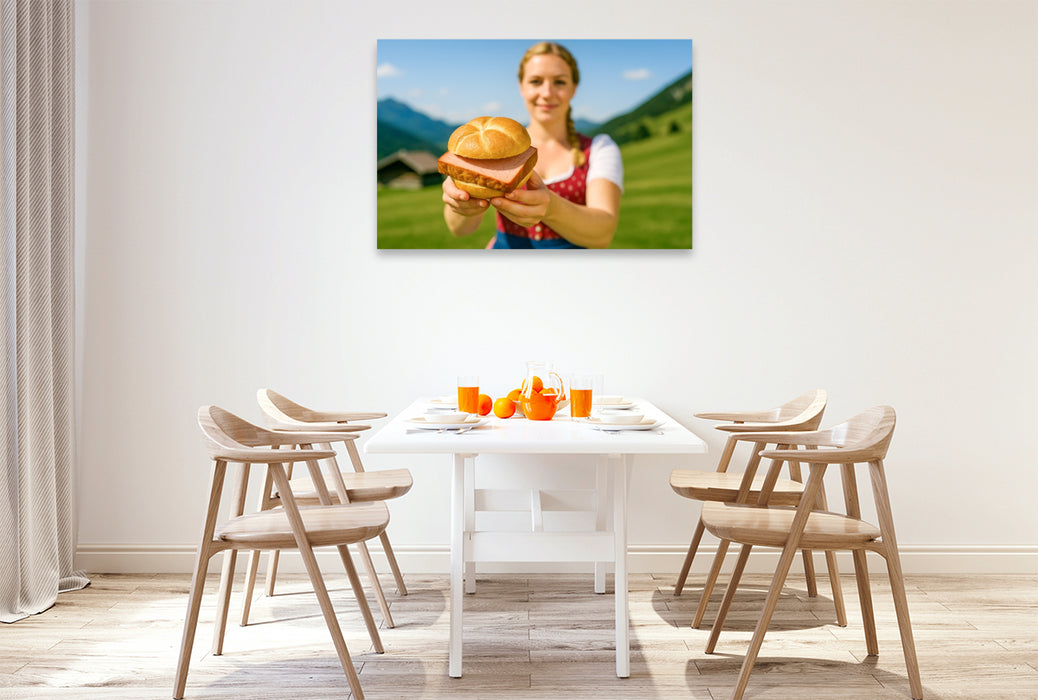 Premium Textil-Leinwand Frau im Dirndl mit frischer Leberkässemmel