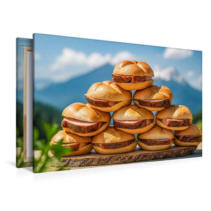 Premium Textil-Leinwand Bayerische Leberkässemmeln vor Alpenpanorama