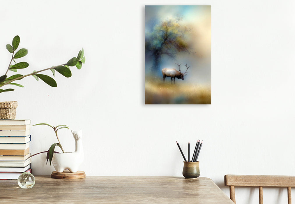 Premium Textil-Leinwand Der Hirsch - der König des Waldes verharrt leise im Nebel