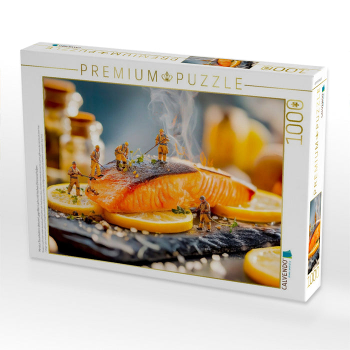 Miniatur Bauarbeiterin dekoriert gegrillten Lachs mit frischen Zitronenscheiben - CALVENDO Foto-Puzzle'