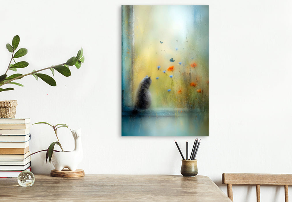 Premium Textil-Leinwand Die Katze auf der Fensterbank - kaum sichtbar, ganz da